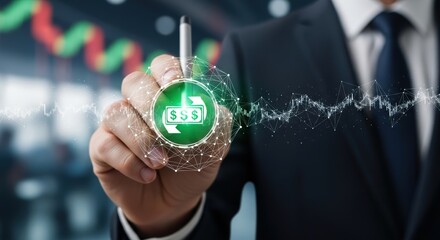 Businessman using modern technology to transform and transfer money with a virtual dollar sign and financial charts for success