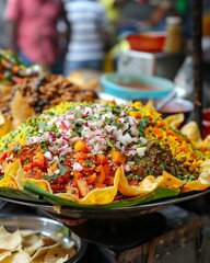 Close-up of Colorful Indian Street Food Chaat Topped with Fresh Onions.