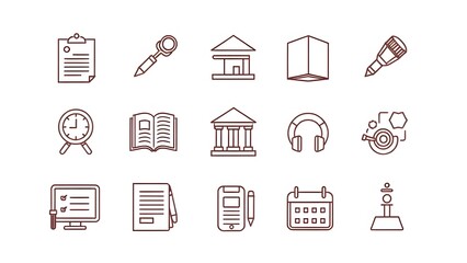 Collection of education and learning themed line art icons arranged on a white background surface