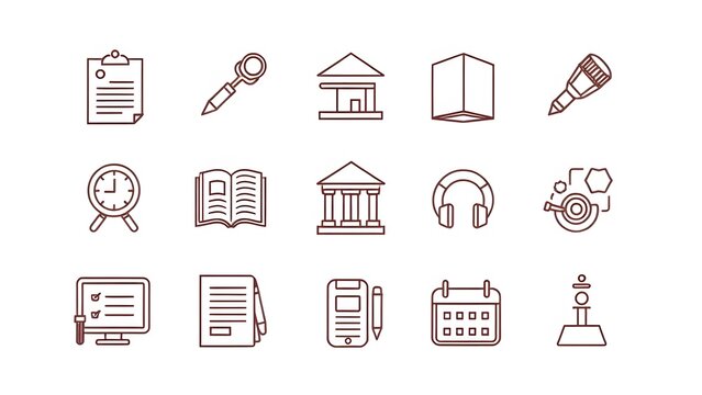 Collection of education and learning themed line art icons arranged on a white background surface