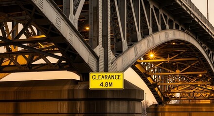 Dramatic View Of A Bridge's Underside Displaying Clearance Sign And Intricate Metalwork