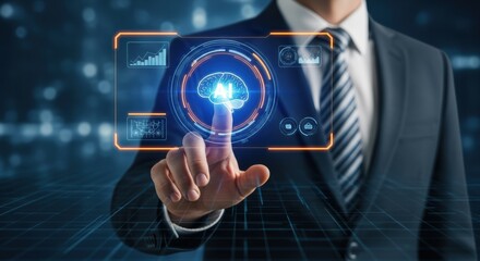Businessman interacts with futuristic brain interface hologram showcasing charts data information and other technologies for business solutions
