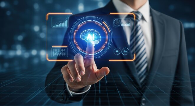 Businessman interacts with futuristic brain interface hologram showcasing charts data information and other technologies for business solutions - Powered by Adobe