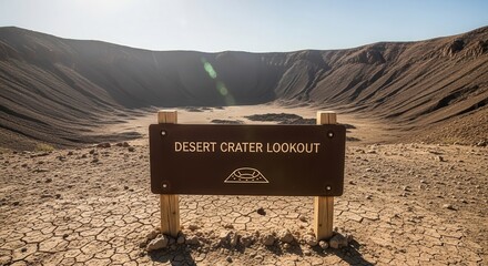 Dramatic View Of A Desert Crater With Visible Lookout Sign And Arid Terrain