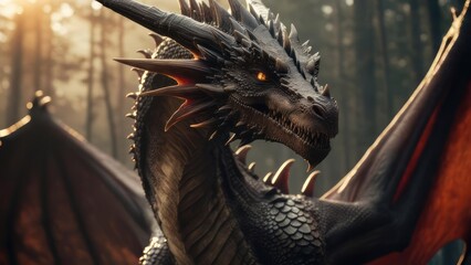 Dragon head in forest sunlight