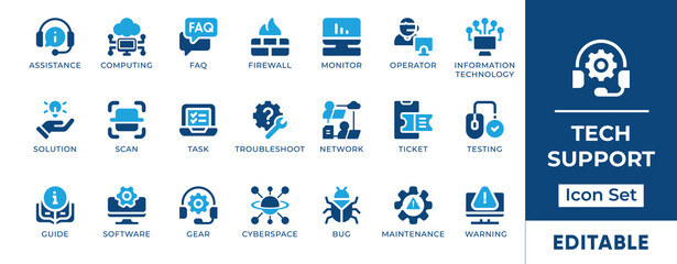 Tech Support Icon Set. Include icons for troubleshooting, computing, faq, operator, resolve, scan, task, testing, guide, maintenance, warning, manual, illustration, set