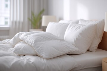 Obraz premium Comfortable bed with white pillows and duvet in bedroom