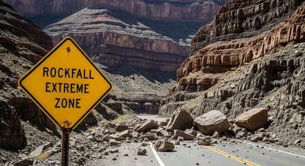 Dramatic View Of A Rockfall Warning Sign Against A Stunning Canyon Landscape Scene