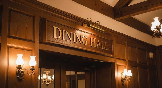 Elegant Dining Hall Entrance Decorated With Beautiful Classic Wall Lamps and Wooden Panels