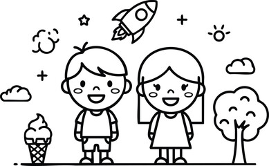 Cartoon boy and girl smiling with rocket, ice cream, tree, sun, clouds, and stars in playful doodle style