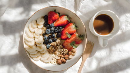 Breakfast Bowl Harmony: A visually appealing breakfast bowl is overflowing with vibrant fruits, complemented by a warm cup of coffee and a wooden spoon, evoking a sense of culinary delight.