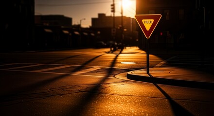 Dramatic View Of A Yield Sign Illuminated By Golden Light At Sunset