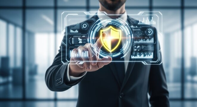 Businessman activates digital shield hologram for advanced security cybersecurity data protection and privacy on virtual interface - Powered by Adobe