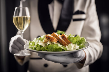 Professional waiter in white gloves offering Caesar salad with grilled chicken and chilled white wine, modern fine dining ambiance