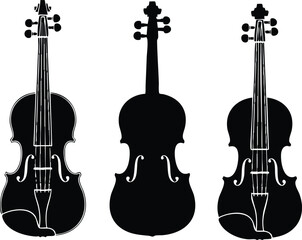 Violin silhouette set with front and back views of classical string instrument design for music illustrations