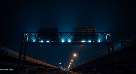 Dramatic View of Elevated Highway at Night Illuminated With Neon Lights to Guide