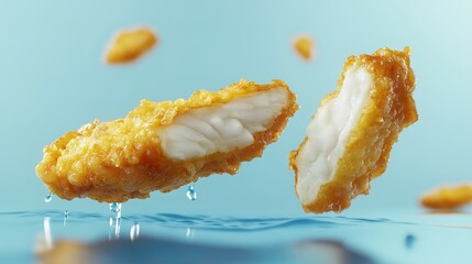  shot of a golden battered fish fillet broken into two pieces shpoing the beautiful white fish fillet inside shot on a blue background with sharp shadows