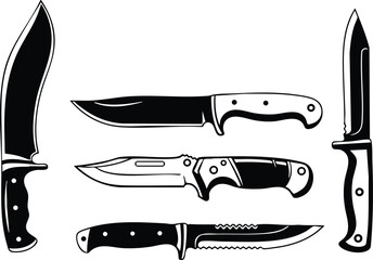 Collection of five different black and white knives with various blade shapes and handles isolated on white background for cutting and outdoor use