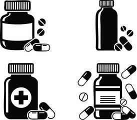 Medicine bottles and capsules black and white vector icons pill containers healthcare symbols