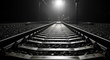 Dramatic View Of Railway Tracks Illuminated By a Distant Light During Nighttime