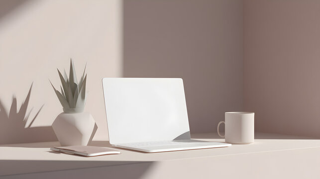 Workspace Serenity: A modern minimalist workspace bathed in natural light, featuring a sleek laptop, a stylish coffee mug, and a decorative plant, offering a calm and productive atmosphere. - Powered by Adobe