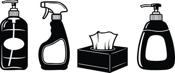 Black and white hygiene and cleaning bottles with tissue box in simple vector style for health and sanitation essentials