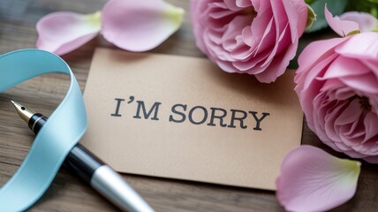 Im sorry card with pink roses and a blue ribbon on wooden background