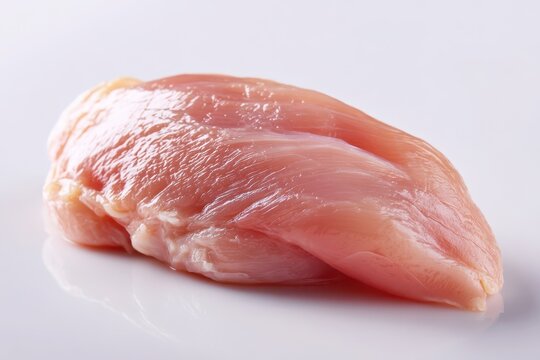 Uncooked poultry fillet close-up on white backdrop, natural lighting