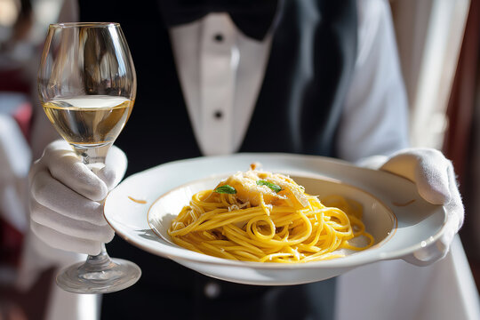 Professional waiter in white gloves serving pasta carbonara with parmesan and white wine in an elegant Italian restaurant