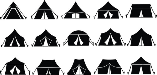Collection of black camping tent icons in various shapes and sizes simple outdoor shelter symbols