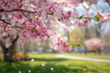 Naklejka premium Vibrant Blossom Shower in a Tranquil Park Setting