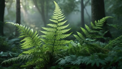 Ferns in a misty forest setting