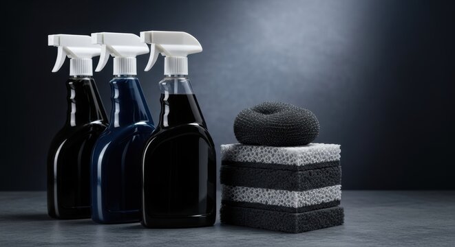 Cleaning supplies feature spray bottles with sponges and scouring pad for household chores or detailing jobs on a dark gray surface - Powered by Adobe