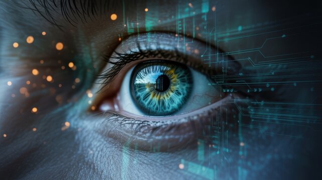 A closeup of a human eye with digital overlay and glowing particles around it
