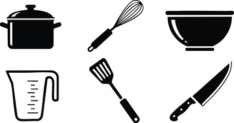 Kitchen utensils set including pot, whisk, bowl, measuring jug, spatula, and knife in black silhouette icons for cooking and baking