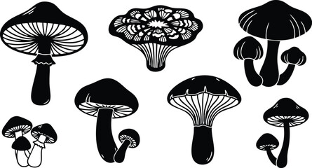 Black silhouette mushrooms set with different shapes and sizes isolated on white background vector illustration