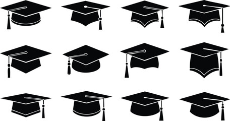 Graduation cap icons set with various styles and tassel positions for education and academic achievement design