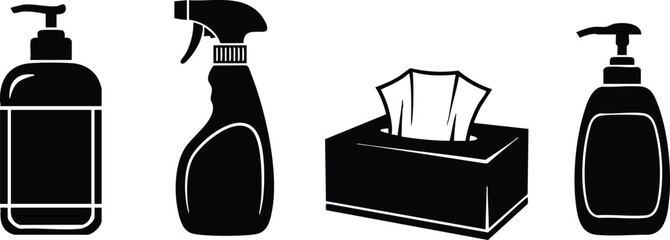 Black silhouette set of hygiene and cleaning products including soap dispenser spray bottle tissue box and lotion pump bottle