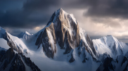 Majestic Peaks: A breathtaking view of snow-capped mountains piercing through the clouds, their rugged surfaces telling tales of time and resilience. Evoking a sense of awe and adventure.