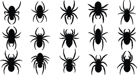Black spider silhouette collection with various spider shapes and leg positions on white background for design use