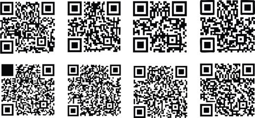 Fototapeta premium Multiple black and white QR codes arranged in a grid pattern on white background for scanning and digital access