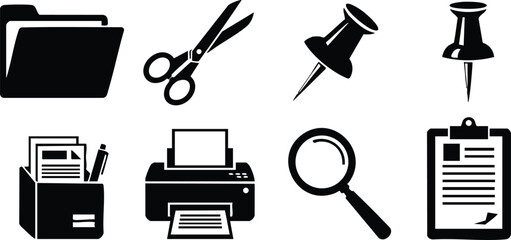 Office icons set including folder scissors pushpin printer magnifier clipboard for business design