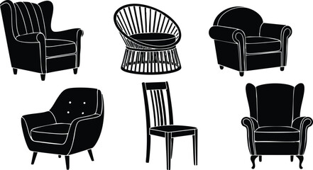 Collection of classic and modern armchairs and chairs silhouettes in black and white vector design
