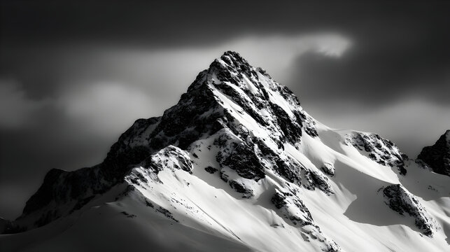 Majestic Mountain's Peaks: A striking black and white photo of a snow-capped mountain, where the peak ascends majestically towards the sky, with an atmosphere of power. - Powered by Adobe