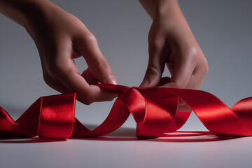 Hands Wrapping Gift with Red Holiday Ribbon
