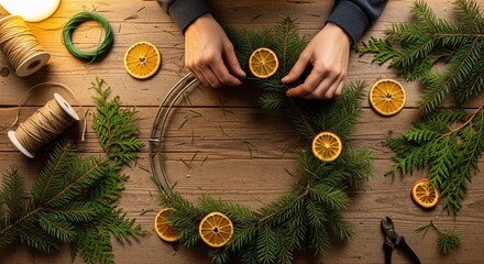 Making a Christmas wreath with dried oranges and evergreen branches