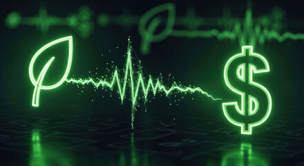 Balancing esg principles with business and financial growth. green neon leaf and dollar sign connected by pulse shows vital link between ecology and economy