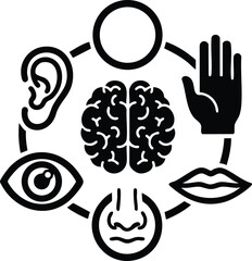 Human five senses icons including brain with ear eye nose mouth and hand illustration in simple black line design