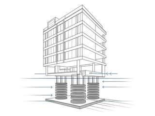 Stylized Technical Diagram of an Earthquake-Resistant Building with Base Isolators
