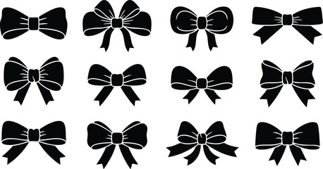 Collection of black bow illustrations with various classic ribbon designs and styles for decorative use and graphic projects